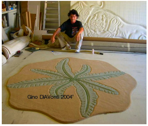 This Custom Designed Area Rug incorporates a swirl of Palm Fronds, which matches the fabric present on the Clients Dining Room furniture. Naples, FL